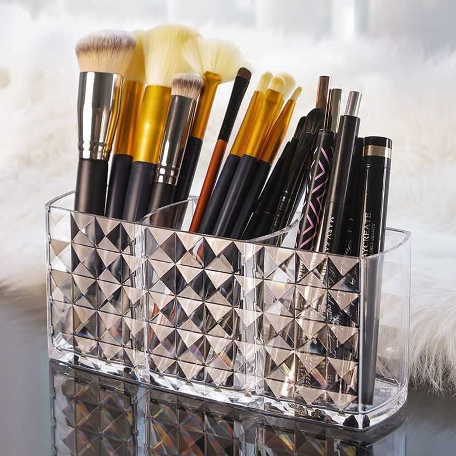 Elegant Crystal-Effect 3-Compartment Acrylic Makeup Brush Holder (1 Pc)