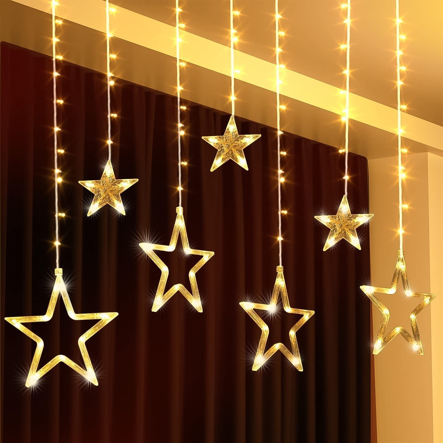 12 Stars LED Curtain String Lights with 8 Flashing Modes for Home Decoration, Diwali & Wedding LED Christmas Light Indoor and Outdoor Light ,Festival Decoration  (Warm White / With Box)