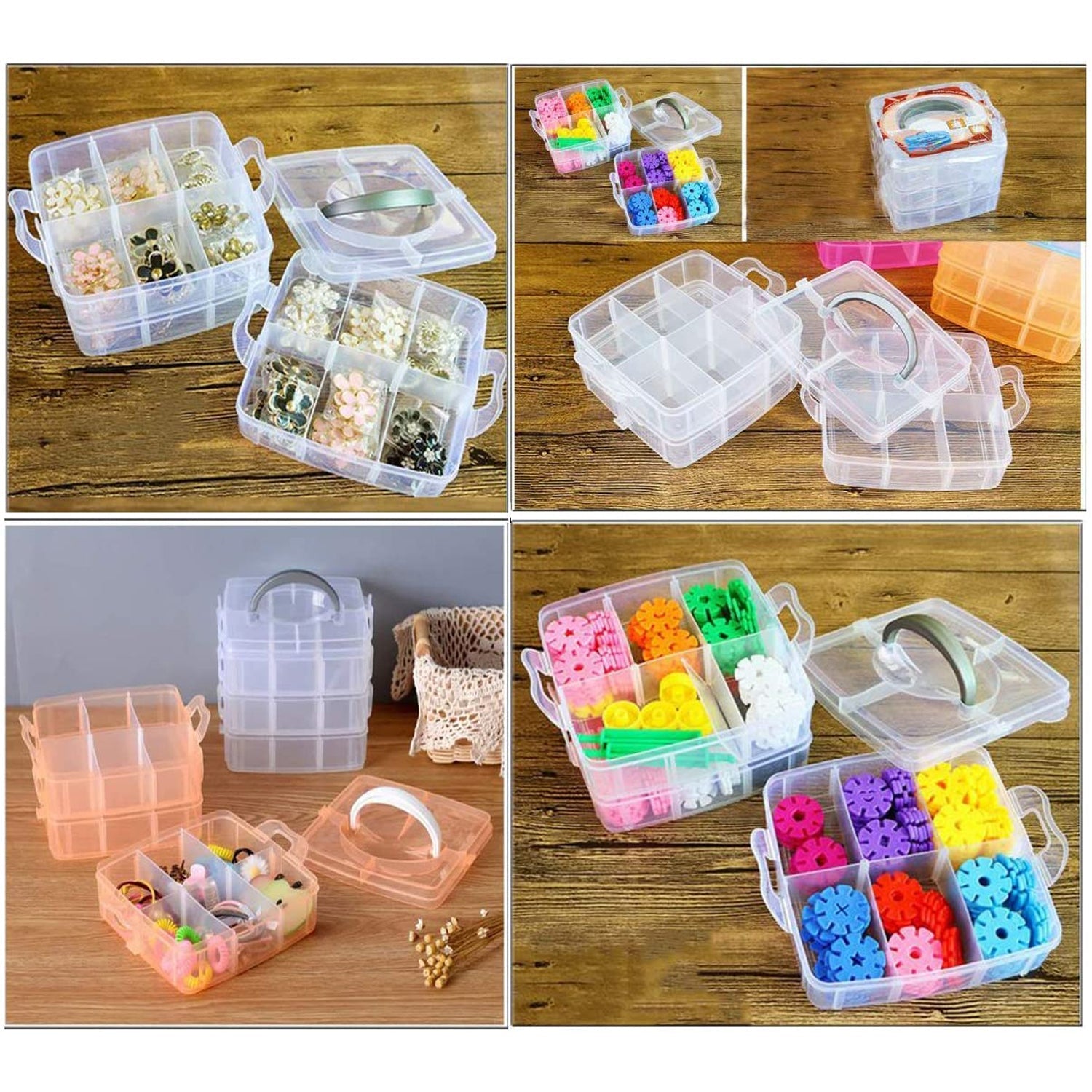 3-Tier 18 Sections Transparent Stackable Adjustable Compartment Slot Plastic Craft Storage Box